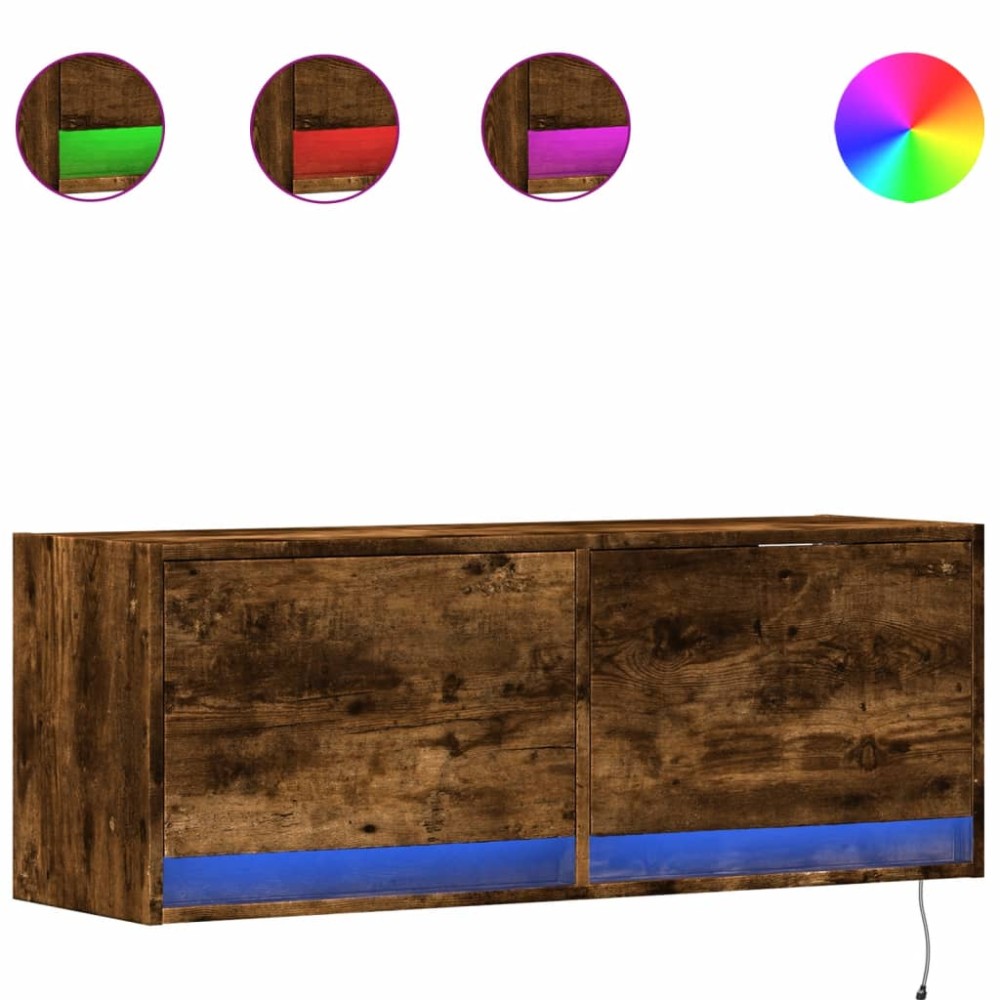 vidaXL Comodă TV de perete cu lumini LED, stejar fumuriu, 100x31x38 cm