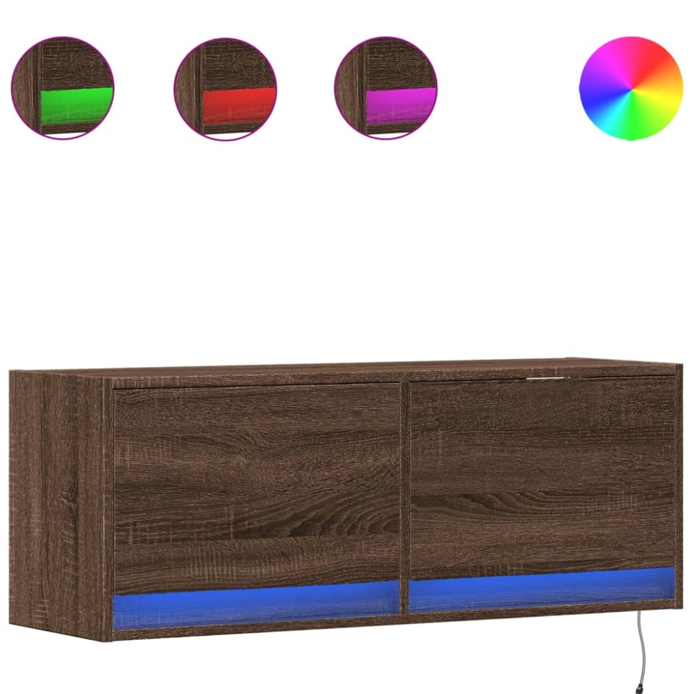 vidaXL Comodă TV de perete cu lumini LED, stejar maro, 100x31x38 cm
