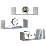vidaXL Rafturi perete, 3 buc., gri beton, 58x18x18 cm, lemn prelucrat
