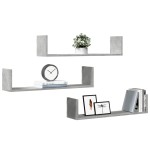vidaXL Rafturi perete, 3 buc., gri beton, 80x18x18 cm, lemn prelucrat