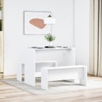 vidaXL Set masă și bănci de bucătărie, 3 piese, alb, lemn prelucrat vidaXL Set masă și bănci de bucătărie, 3 piese, alb, lemn prelucrat