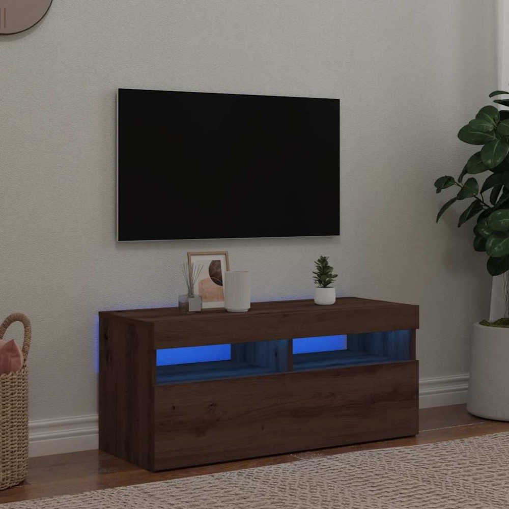 vidaXL Dulap TV cu LED stejar artizanal 90x35x40 cm lemn prelucrat