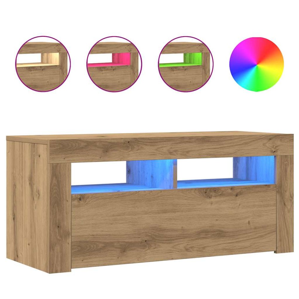 vidaXL Dulap TV cu LED stejar artizanal 90x35x40 cm lemn prelucrat