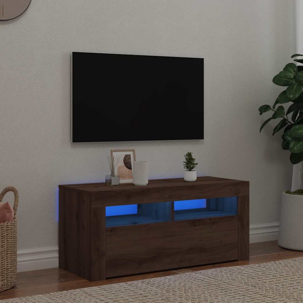 vidaXL Dulap TV cu LED stejar artizanal 90x35x40 cm lemn prelucrat