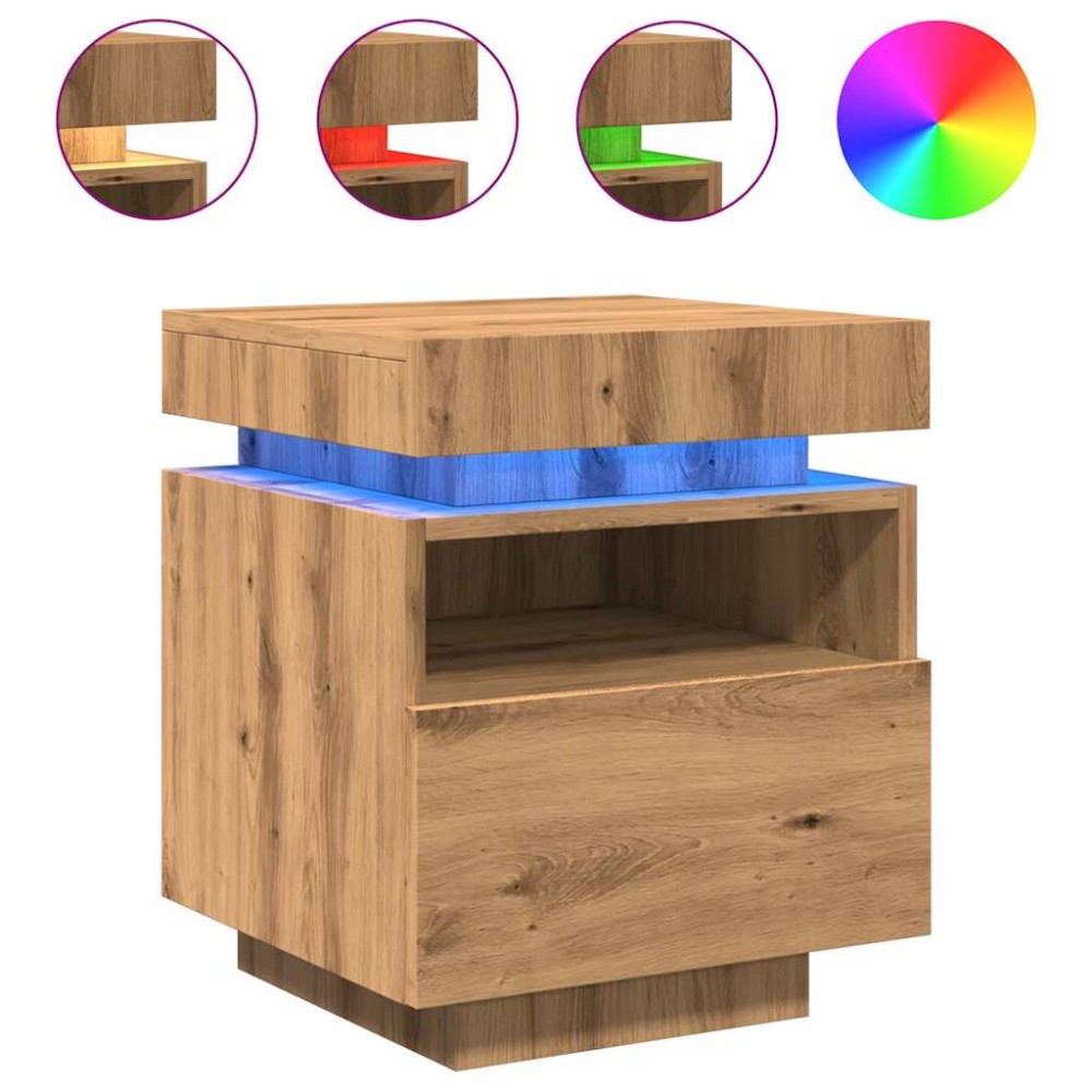vidaXL Noptieră cu lumini LED, stejar artizanal, 40x39x48,5 cm
