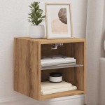vidaXL Comodă TV de perete cu lumini LED Stejar artizanal 30x28,5x30cm vidaXL Comodă TV de perete cu lumini LED Stejar artizanal 30x28,5x30cm