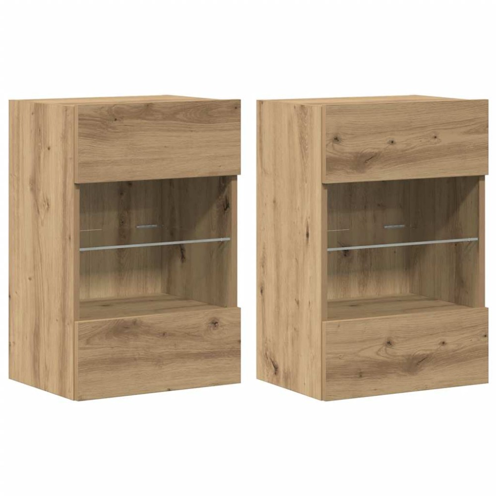 vidaXL Comode de perete cu lumini LED pentru TV, 2 buc. Stejar artizanal 40x30x60,5 cm