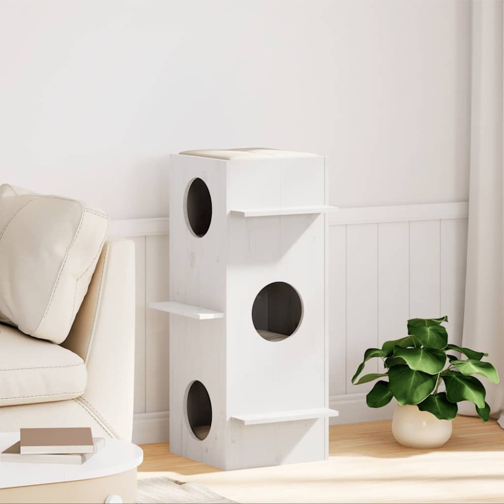 vidaXL Casă pentru pisici albă 43x43x90 cm din lemn masiv de pin