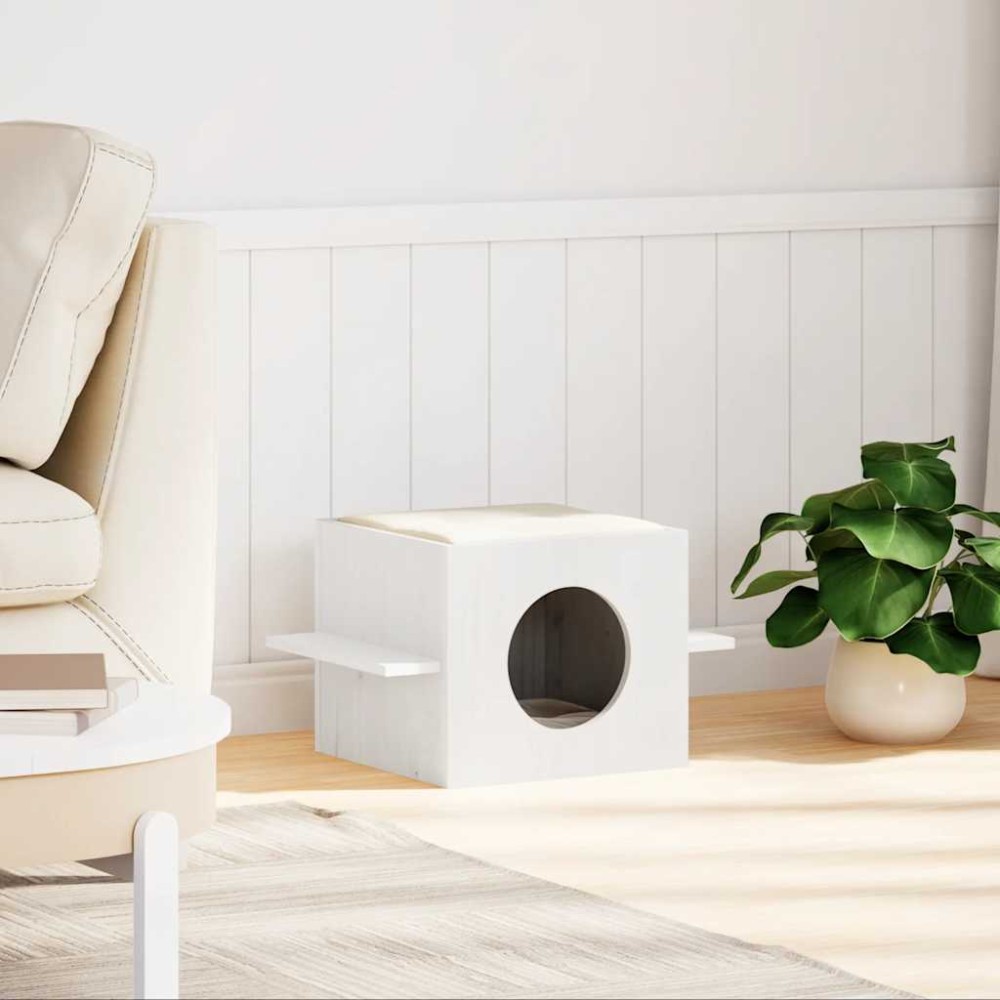 vidaXL Casă pentru pisici albă 51x35x30 cm din lemn masiv de pin