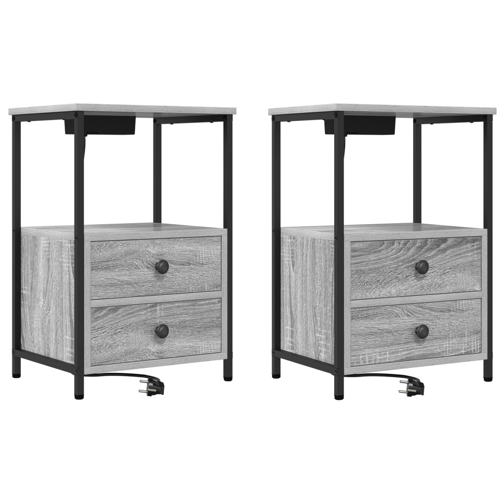 vidaXL Cabinet de noptiere cu stație de încărcare 2 pcs sonoma gri