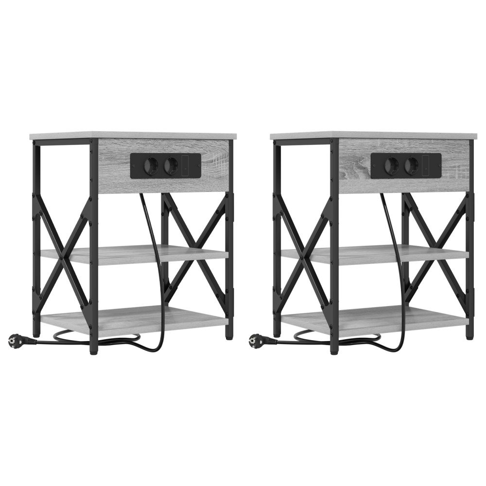 vidaXL Cabinet de noptiere cu stație de încărcare 2 pcs sonoma gri