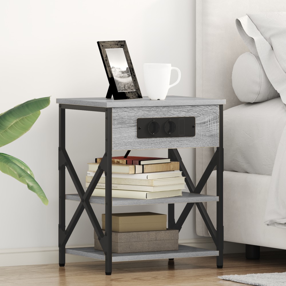 vidaXL Cabinet de noptiere cu stație de încărcare 2 pcs sonoma gri