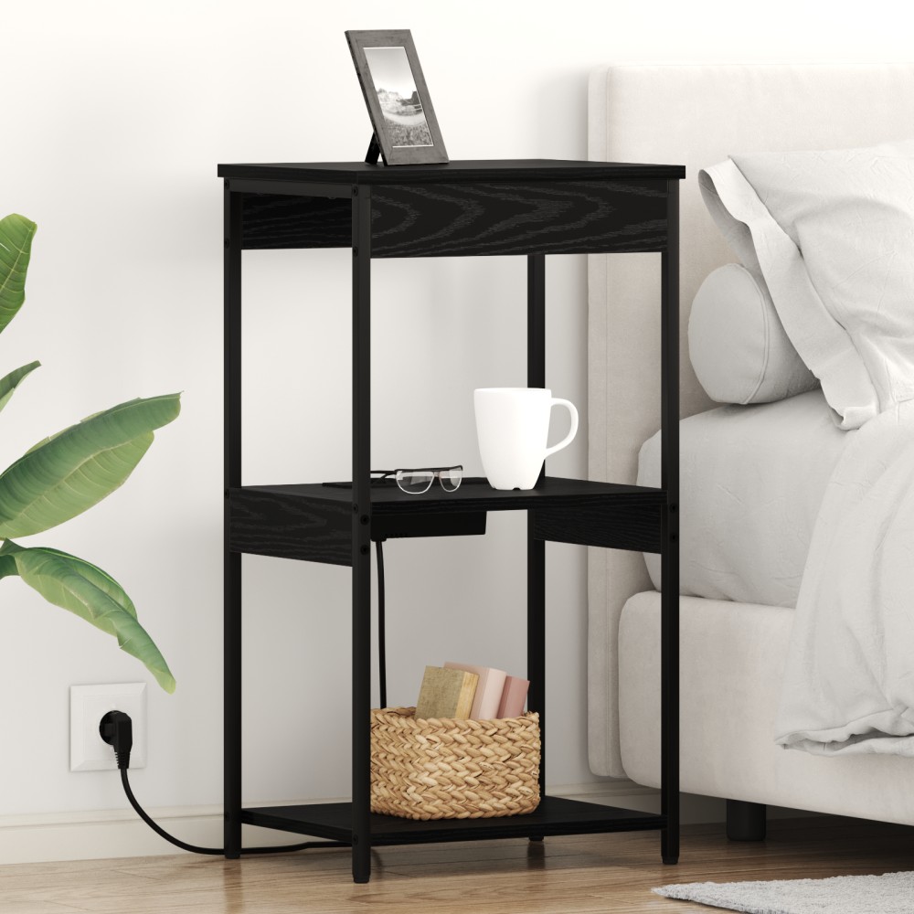 vidaXL Cabinet de noptiere cu stație de încărcare cu raft Stejar negru