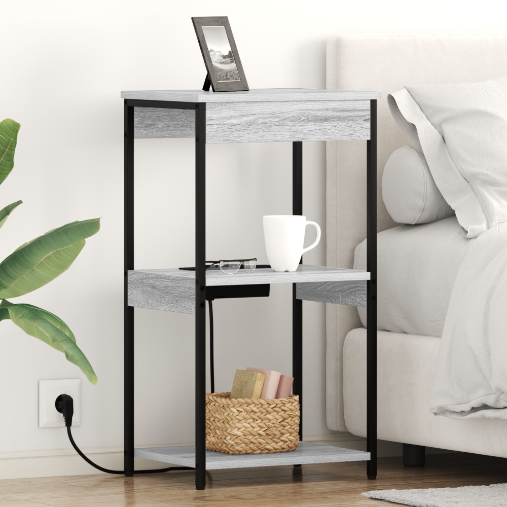 vidaXL Cabinet de noptiere cu stație de încărcare cu raft sonoma gri
