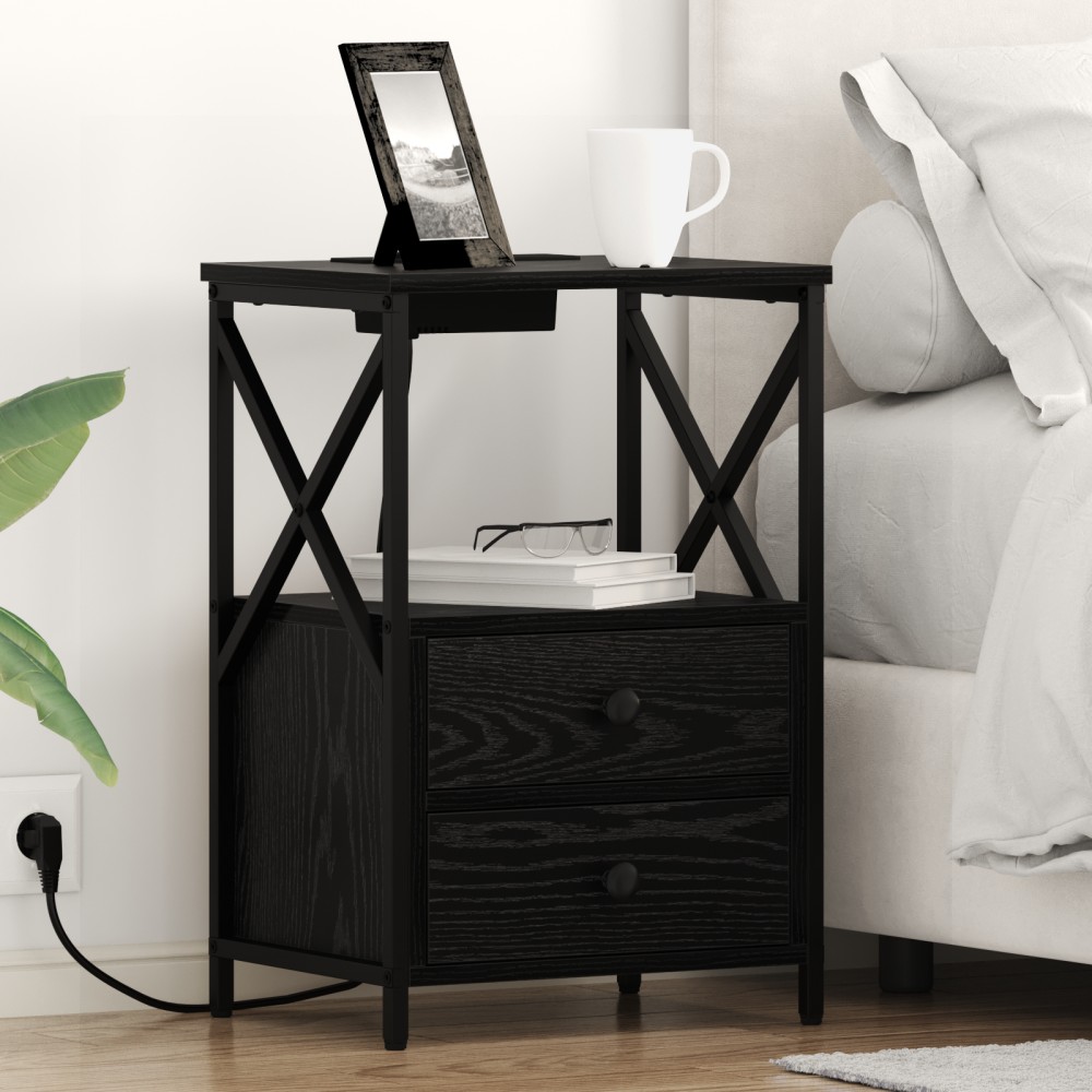 vidaXL Cabinet de noptiere cu stație de încărcare 2 pcs Stejar negru