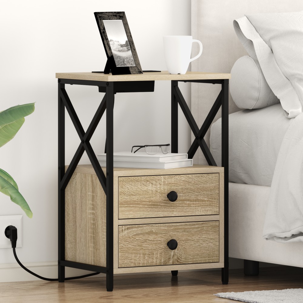 vidaXL Cabinet de noptiere cu stație de încărcare 2 pcs Stejar sonoma