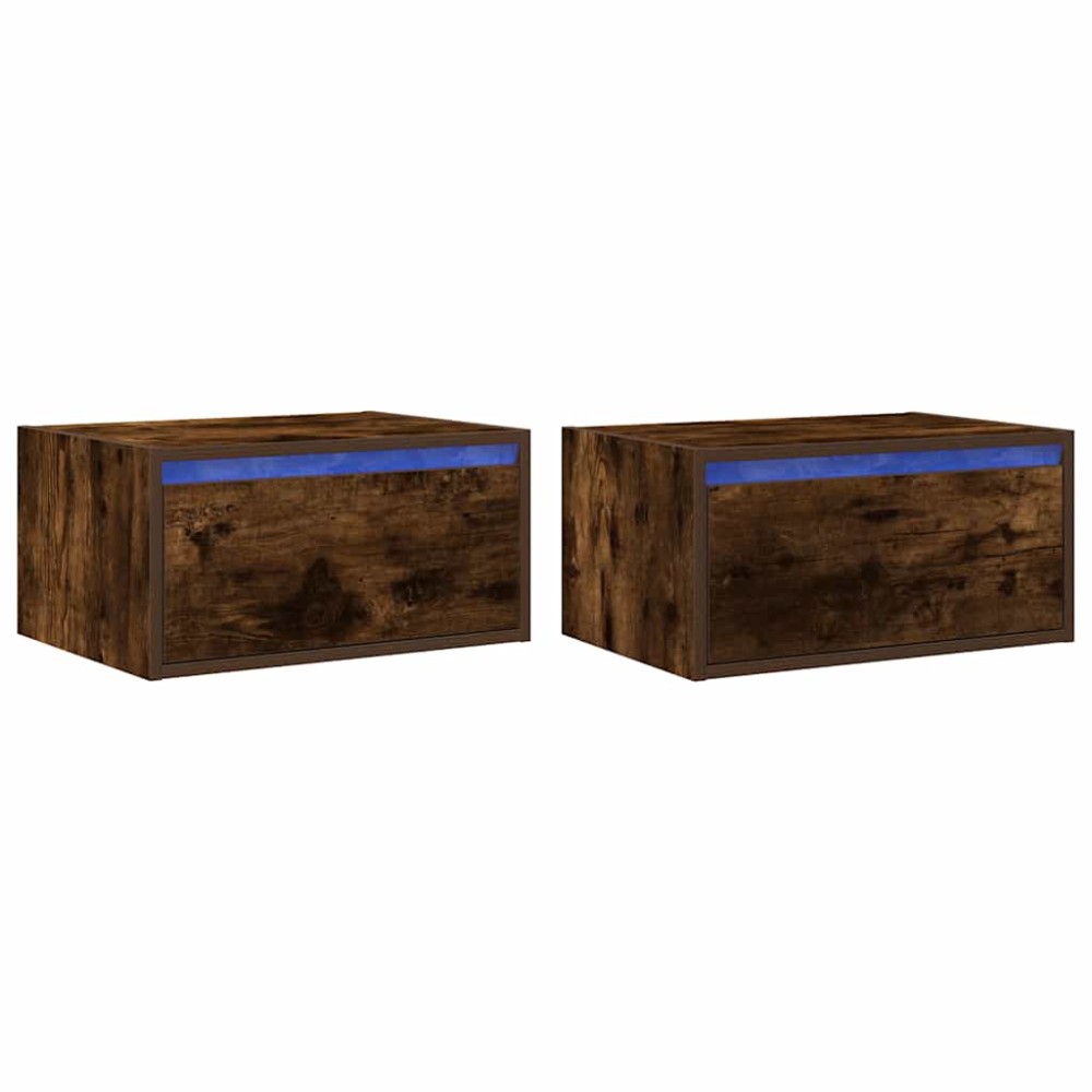 vidaXL Noptiere montate pe perete cu lumini LED, 2 buc.,stejar fumuriu