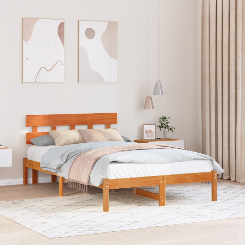 vidaXL Cadru de pat cu headboard Maro 135 x 190 cm Lemn masiv de pin