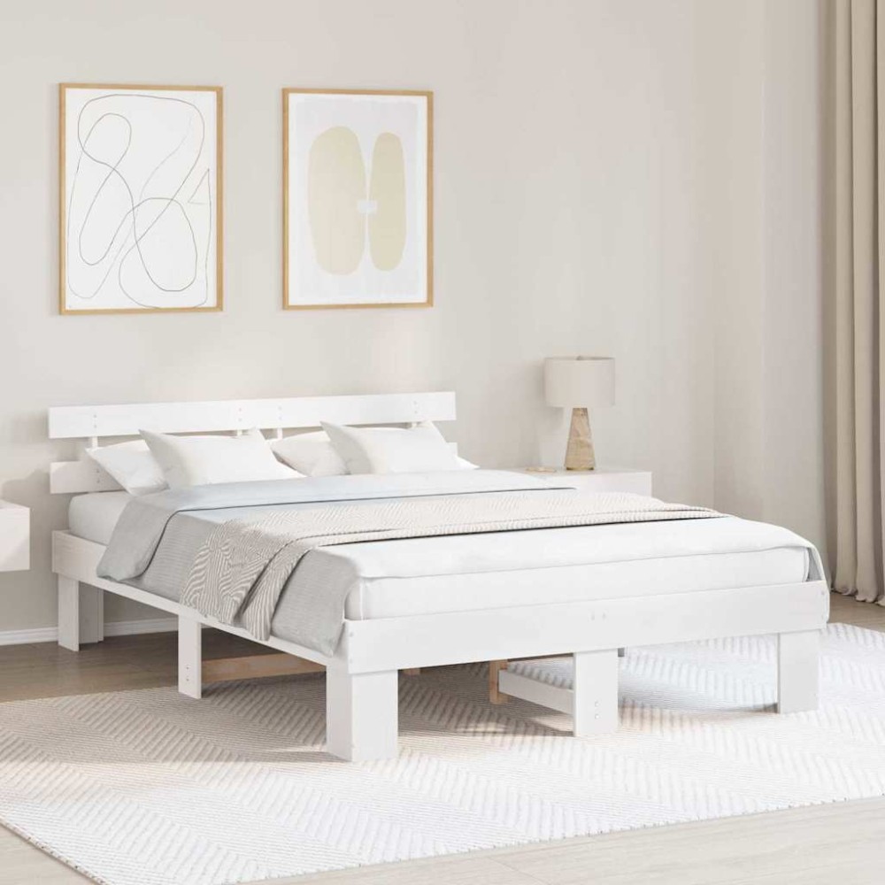 vidaXL Cadru de pat cu headboard Alb 160 x 200 cm Lemn masiv de pin