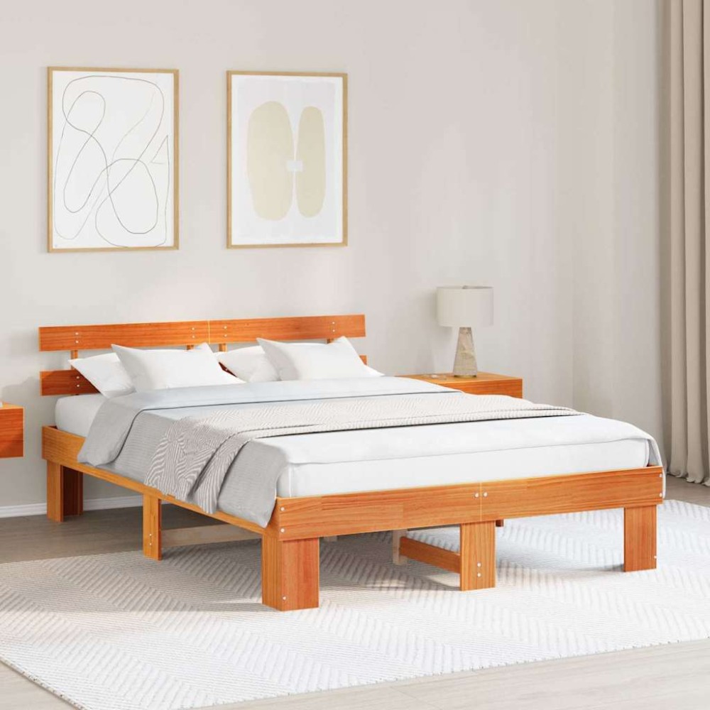 vidaXL Cadru de pat cu headboard Maro 150 x 200 cm Lemn masiv de pin