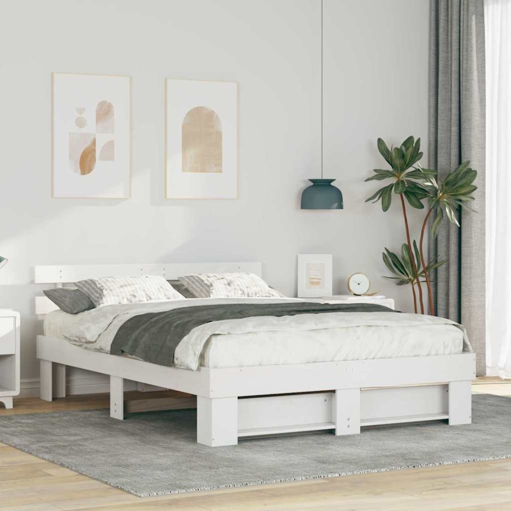 vidaXL Cadru de pat cu headboard Alb 160 x 200 cm Lemn masiv de pin