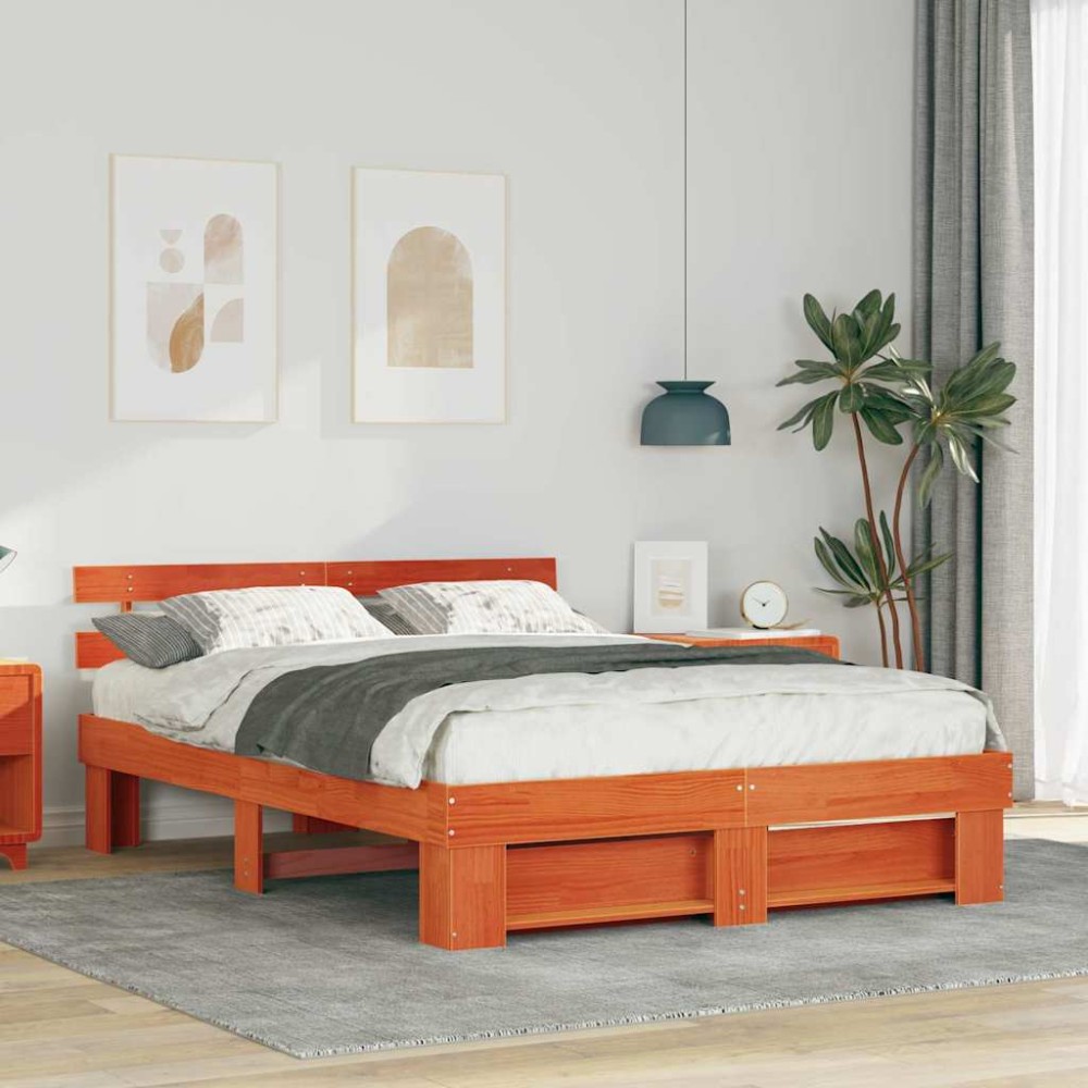 vidaXL Cadru de pat cu headboard Maro ceruit 160 x 200 cm Lemn de brad