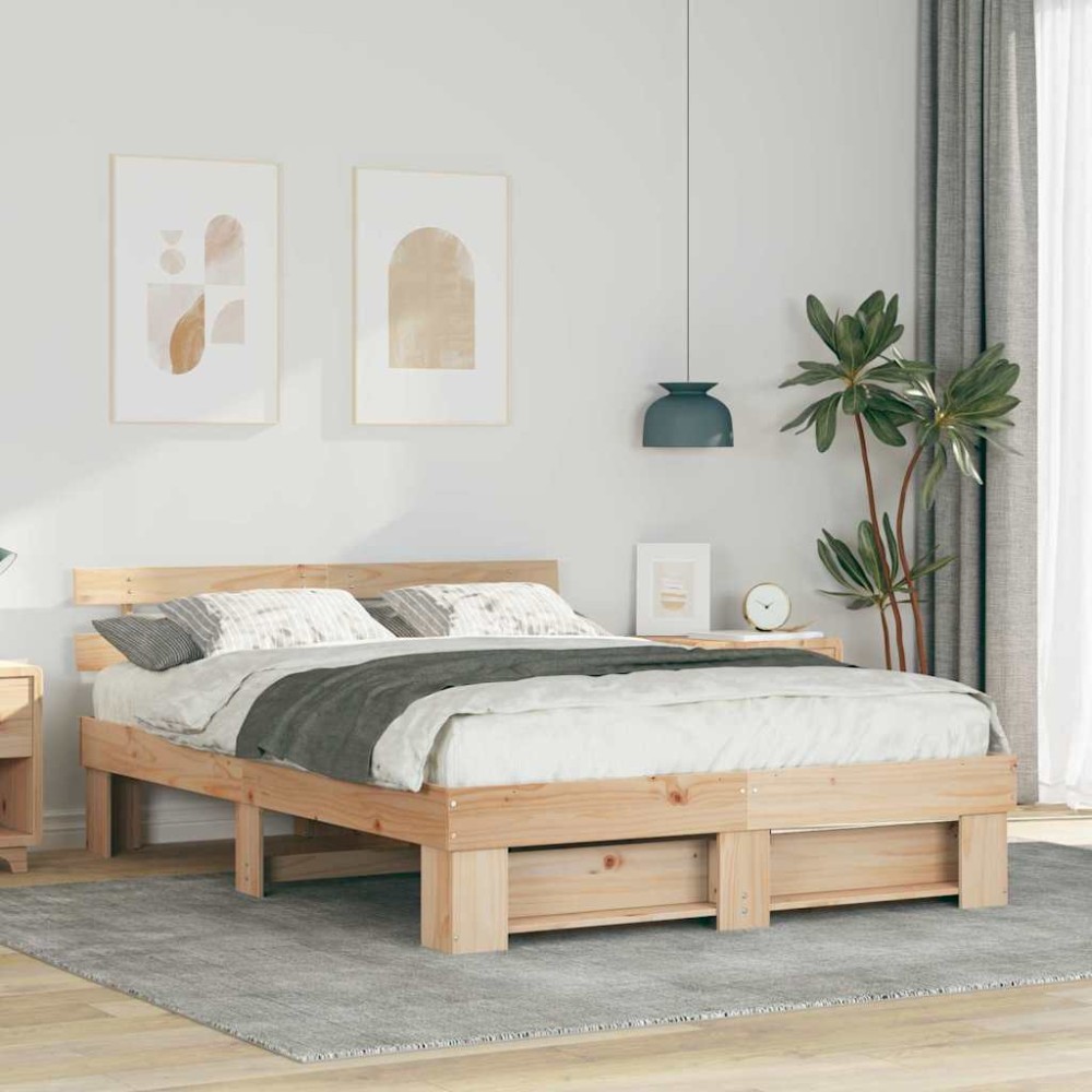 vidaXL Cadru de pat cu headboard Maro 150 x 200 cm Lemn masiv de pin