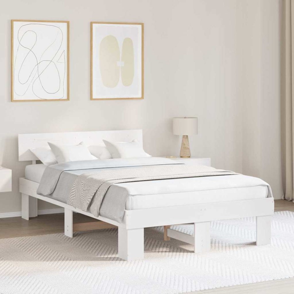 vidaXL Cadru de pat cu headboard Alb 135 x 190 cm Lemn masiv de pin