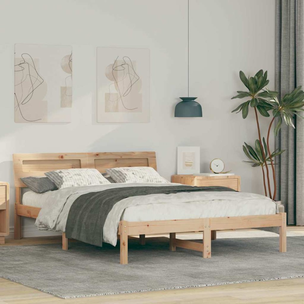 vidaXL Cadru de pat cu headboard Maro 140 x 190 cm Lemn masiv de pin