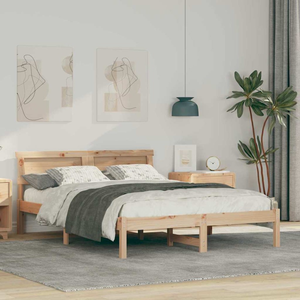vidaXL Cadru de pat cu headboard Maro 135 x 190 cm Lemn masiv de pin