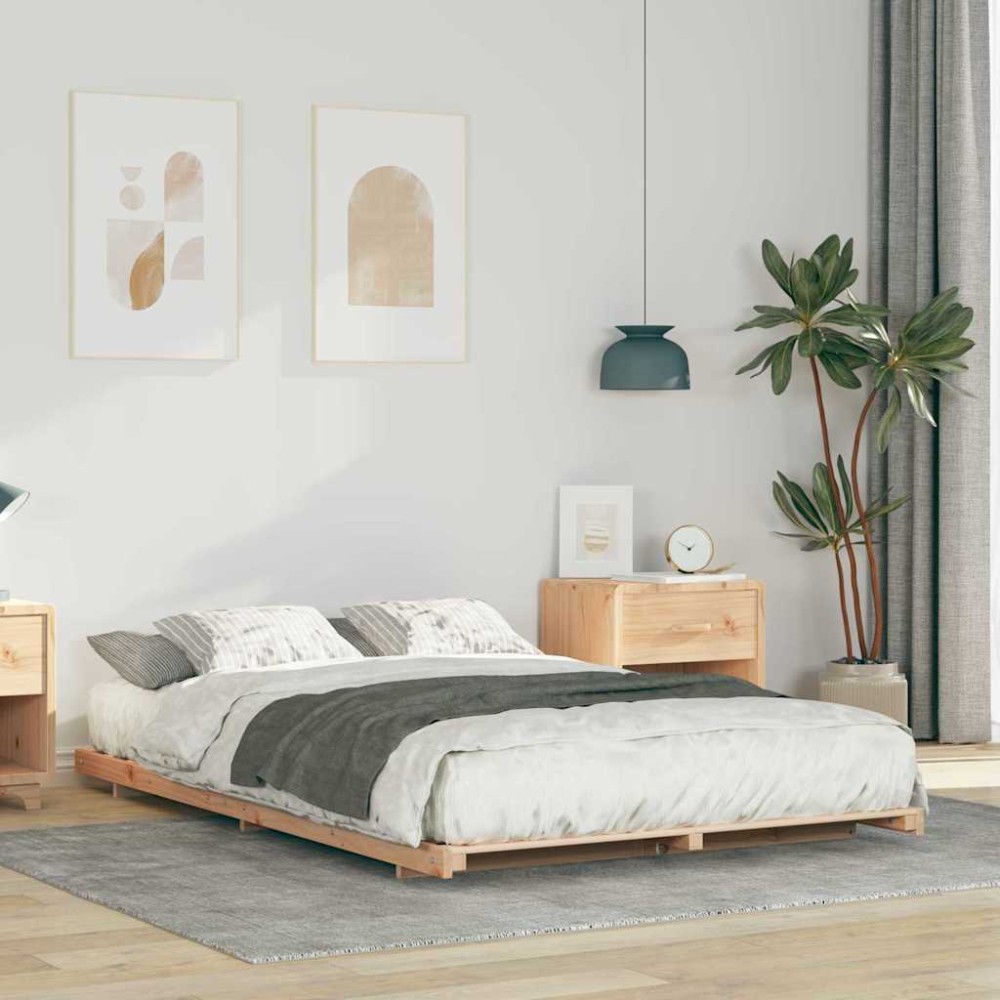 vidaXL Cadru de pat de podea Maro 135 x 190 cm Lemn masiv de pin