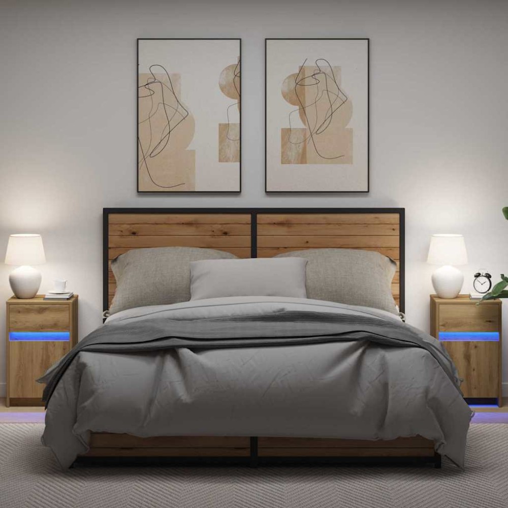 vidaXL Noptieră LED cu sertar 2 pcs stejar artizanal 38 x 34 x 61 cm