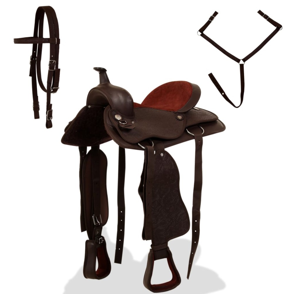 vidaXL Șa Western, căpăstru & pieptar, piele naturală, 17", maro