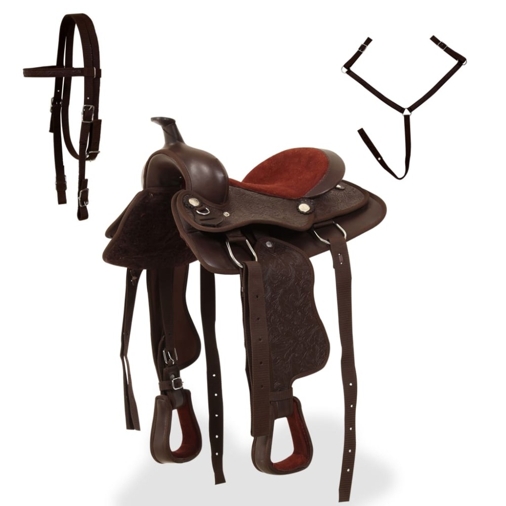 vidaXL Șa Western, căpăstru & pieptar, piele naturală, 13", maro