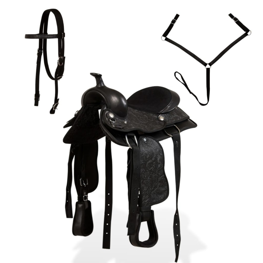 vidaXL Șa Western, căpăstru & pieptar, piele naturală, 12", negru