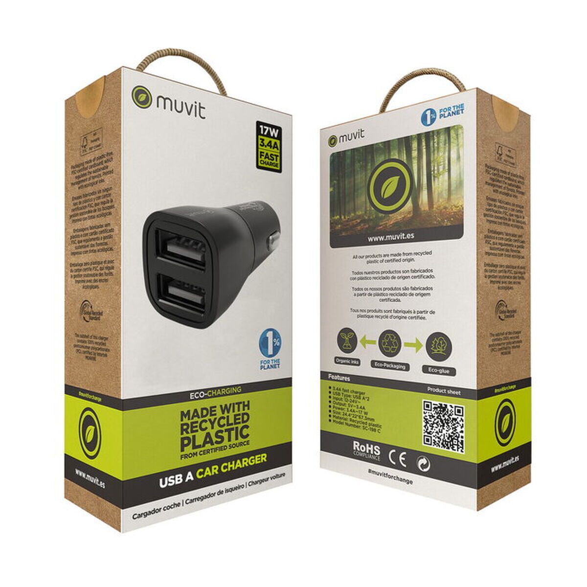 Încărcător USB pentru Mașină 2 Porturi Muvit Negru