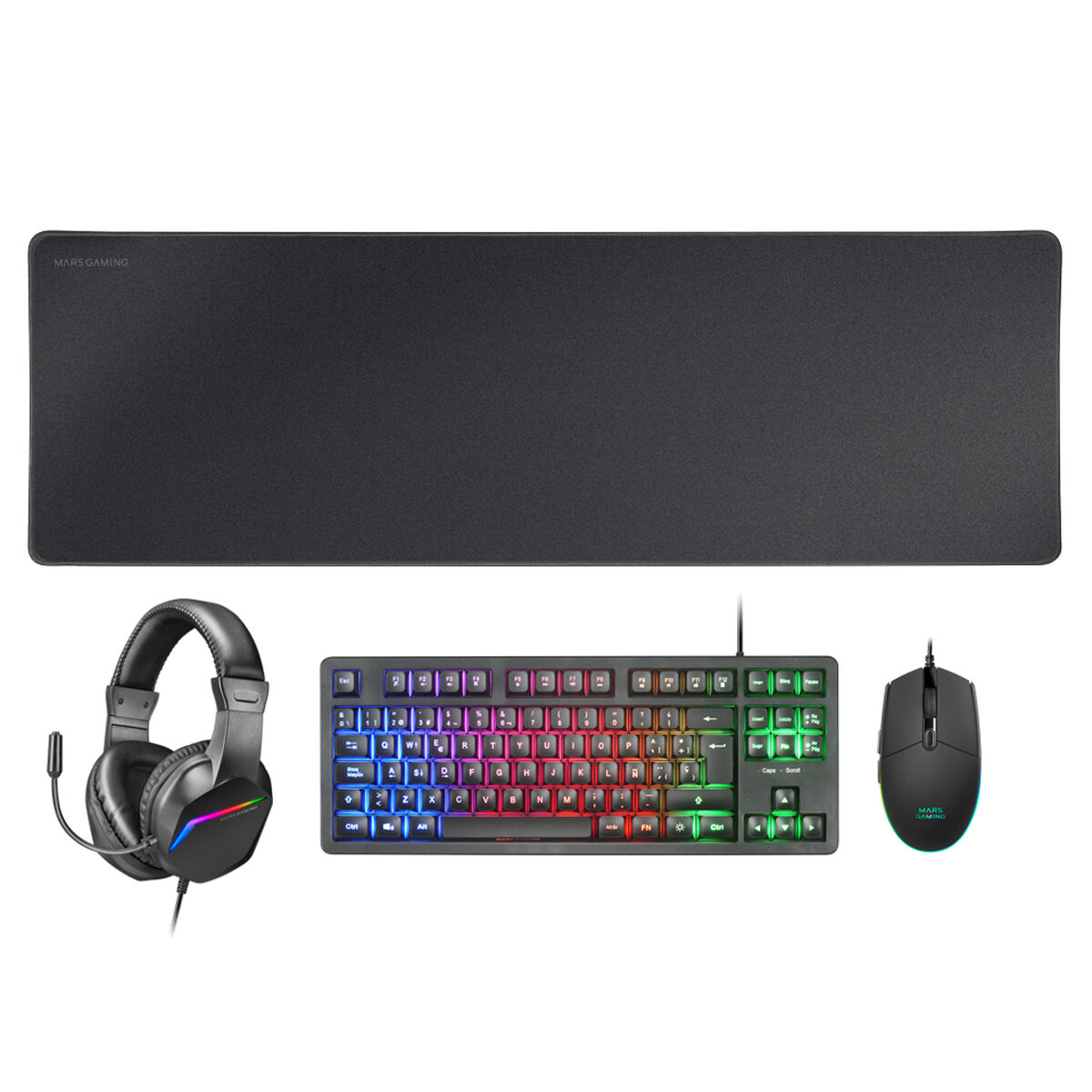 Tastatură și Mouse Mars Gaming MCPRGB3ES Negru Multicolor Qwerty Spaniolă (4 Unități)