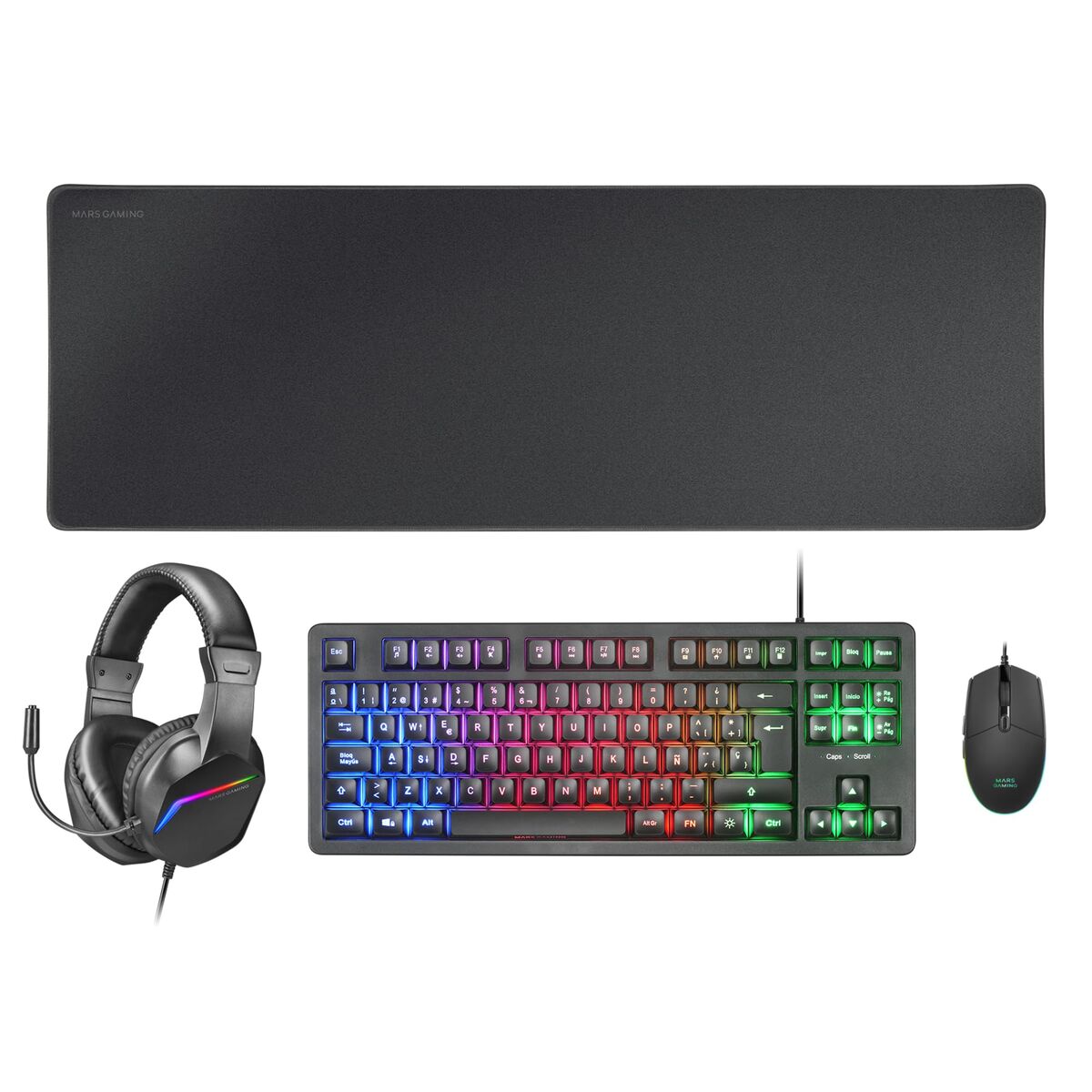 Tastatură și Mouse Mars Gaming MCPRGB3ES Negru Multicolor Qwerty Spaniolă (4 Unități)