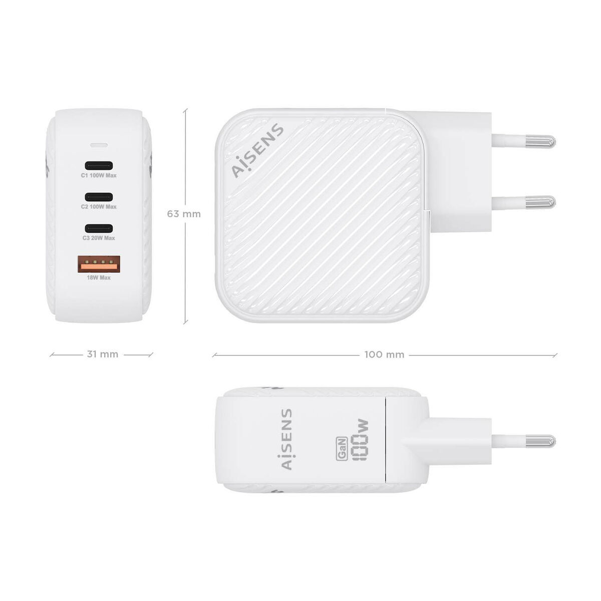 Încărcător de Perete Aisens ASCH-100W4P028-W Alb Multicolor 100 W