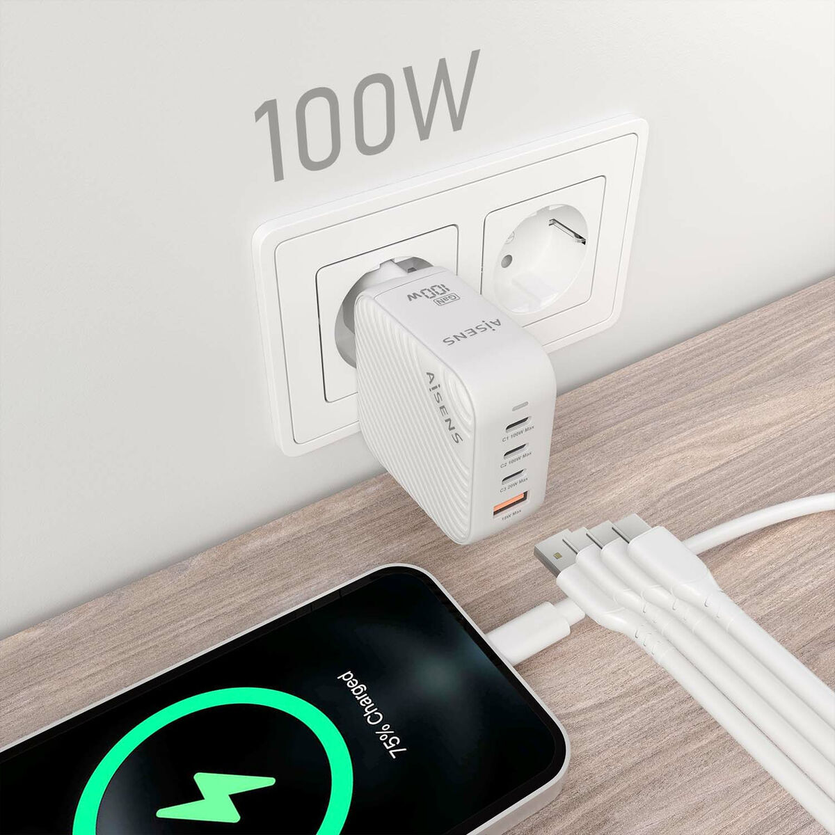 Încărcător de Perete Aisens ASCH-100W4P028-W Alb Multicolor 100 W