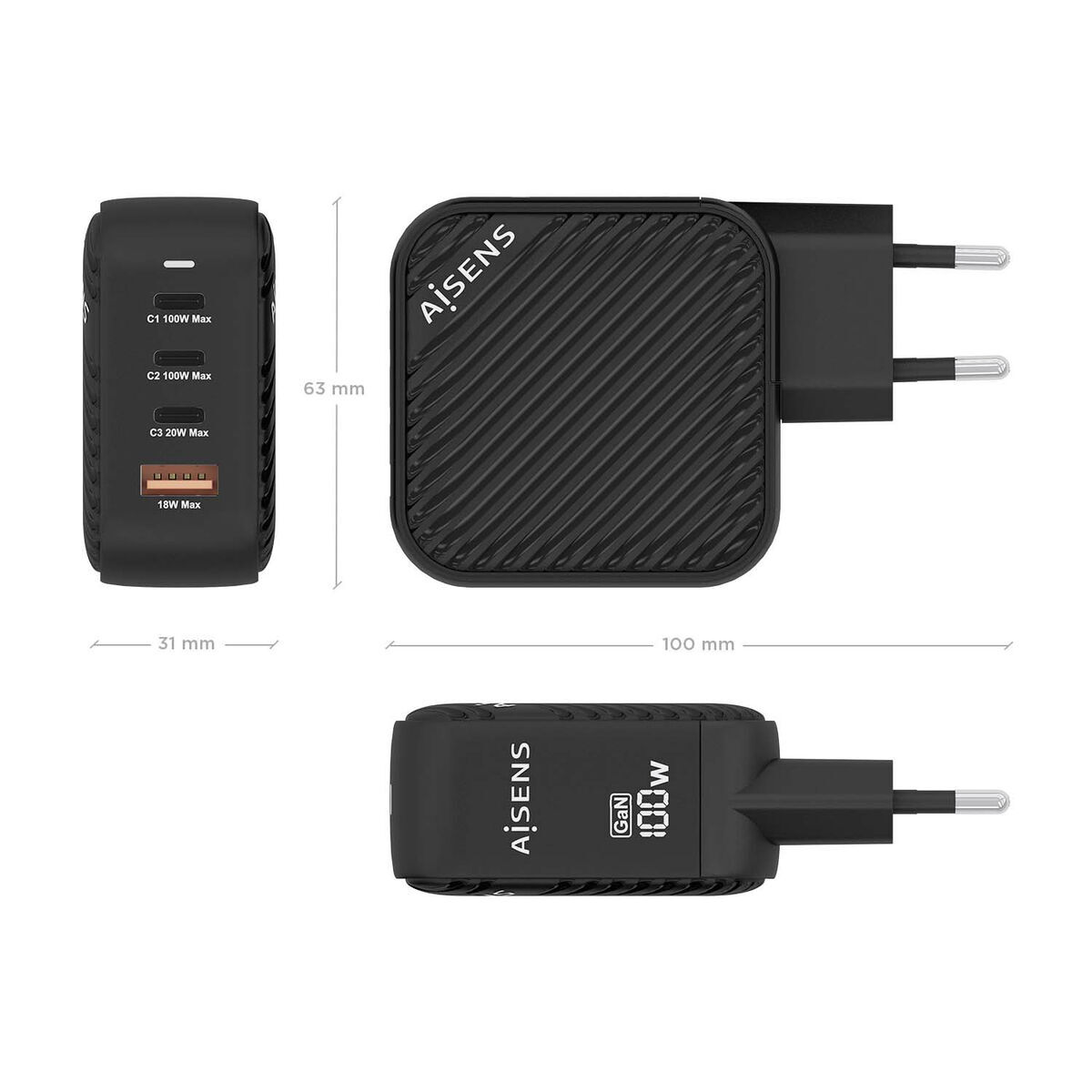 Încărcător de Perete Aisens ASCH-100W4P029-BK Negru Multicolor 100 W