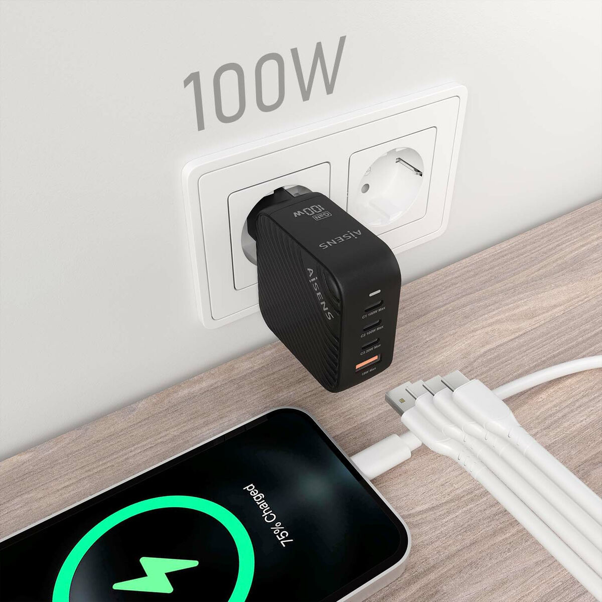 Încărcător de Perete Aisens ASCH-100W4P029-BK Negru Multicolor 100 W