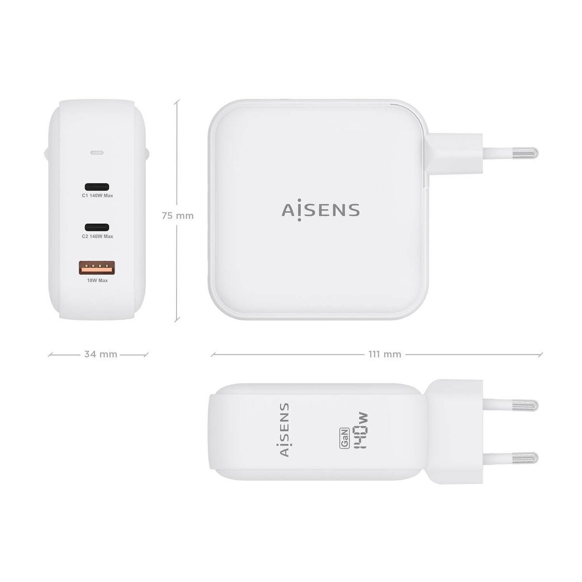 Încărcător de Perete Aisens ASCH-140W3P030-W Alb Multicolor 140 W