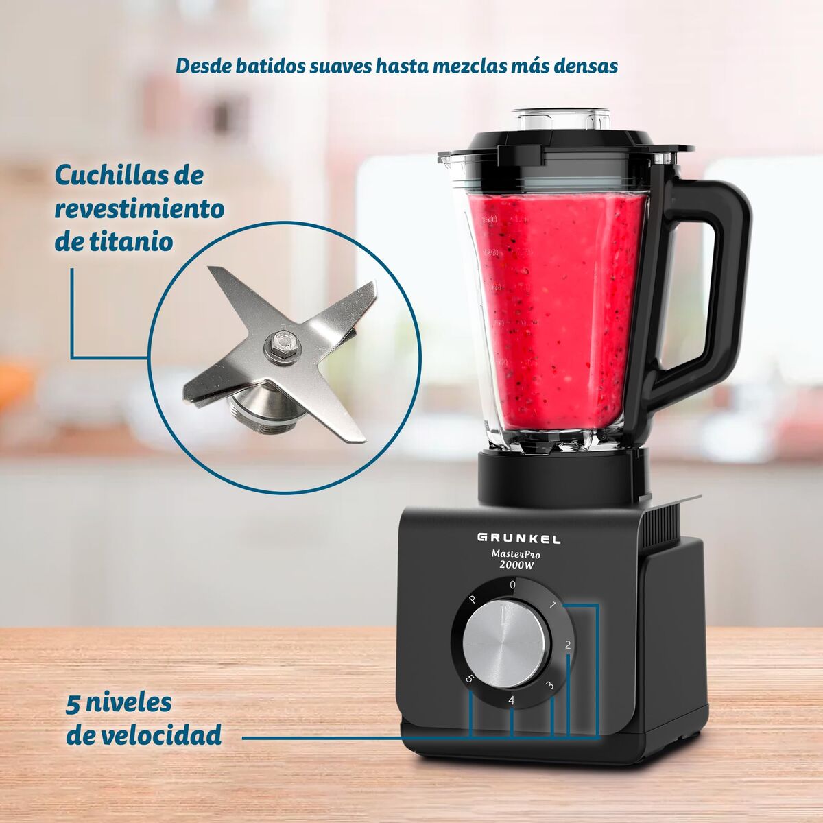 Mixer cu Pahar Grunkel BAT-2000 MASTERPRO Negru Oțel 1,5 L