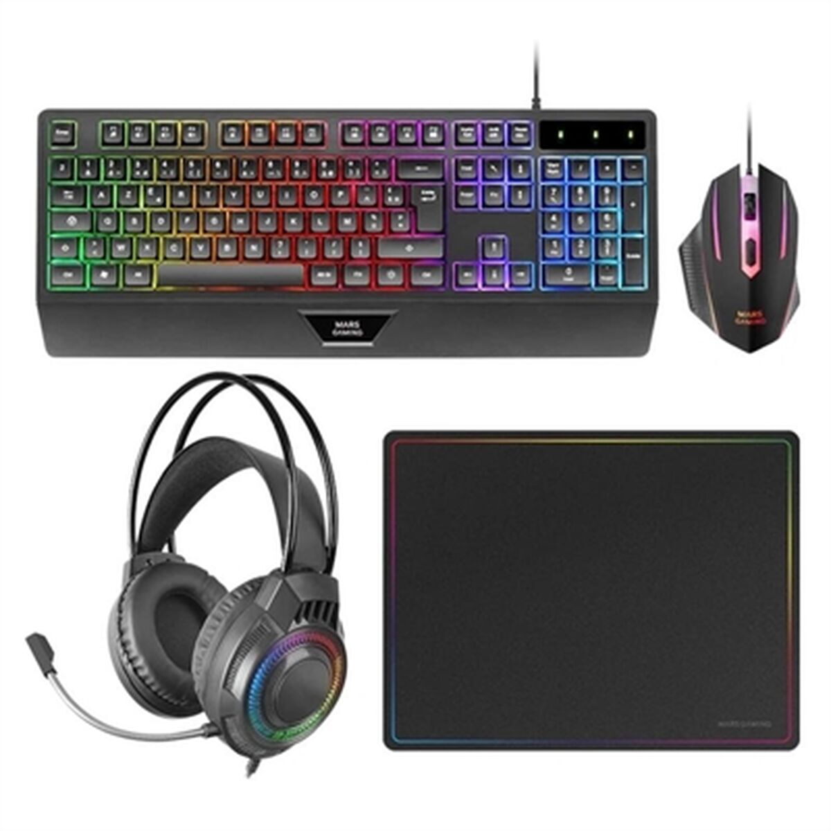 Tastatură și Mouse Mars Gaming MCP124PROES Negru Multicolor Qwerty Spaniolă (4 Unități)