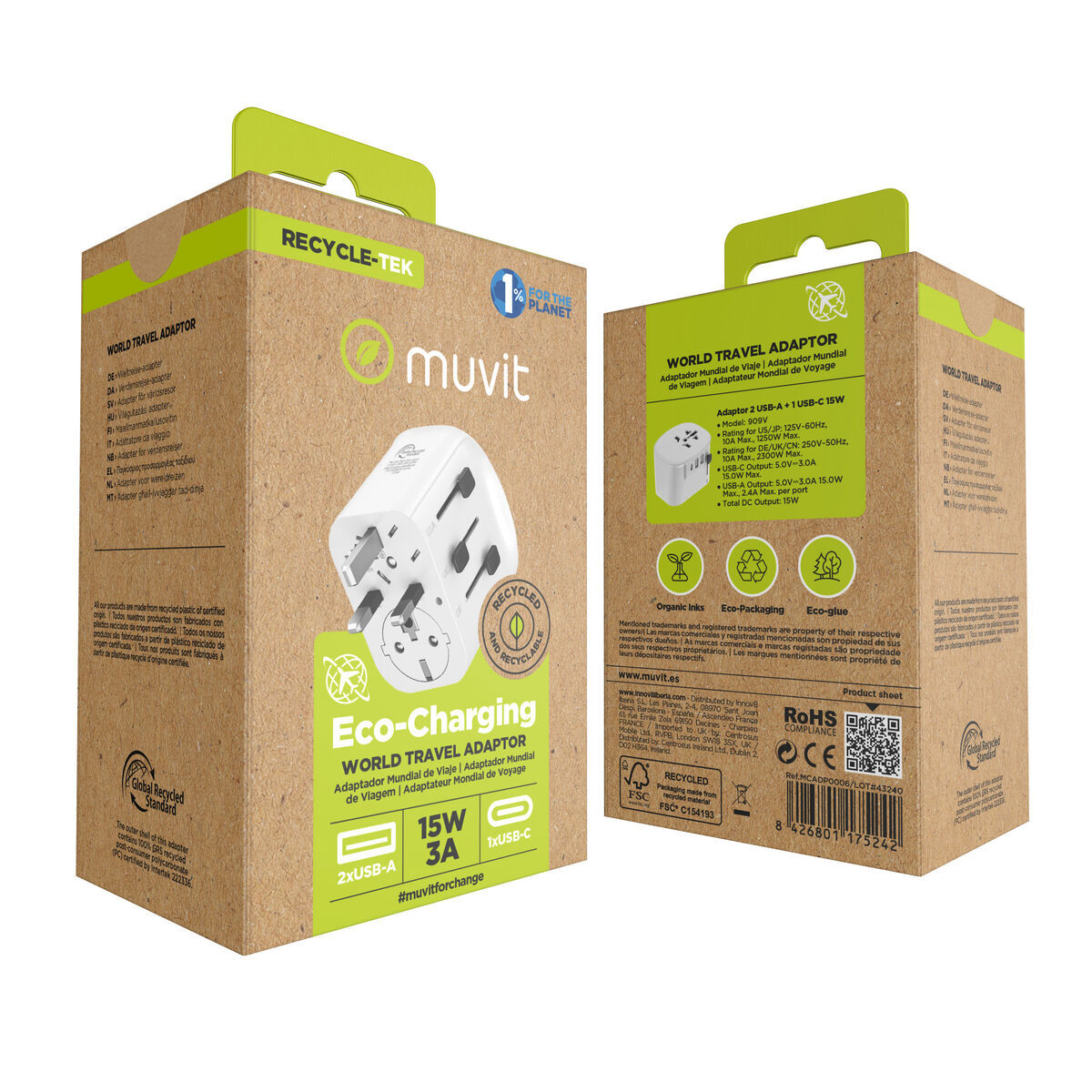 Adaptor universal pentru priză, de voiaj Muvit MCADP0006 Alb 150 W 15 w