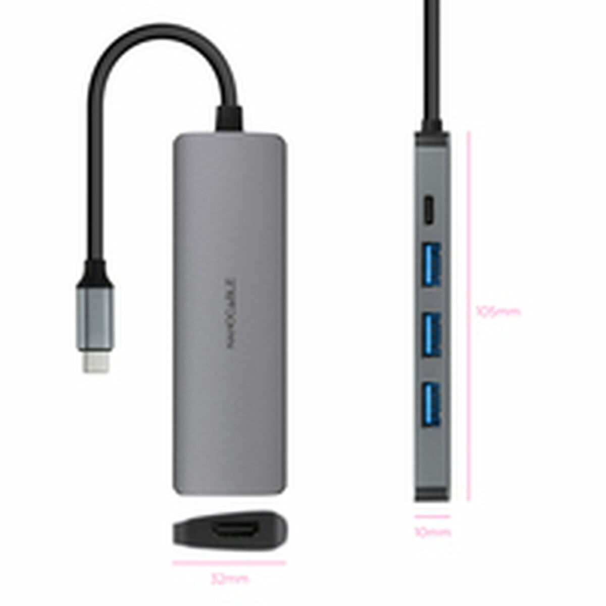 Hub USB NANOCABLE Nanocable Hub USB-C 3xUSB-A+HDMI+USB-C PD Gri 100 W 50 W