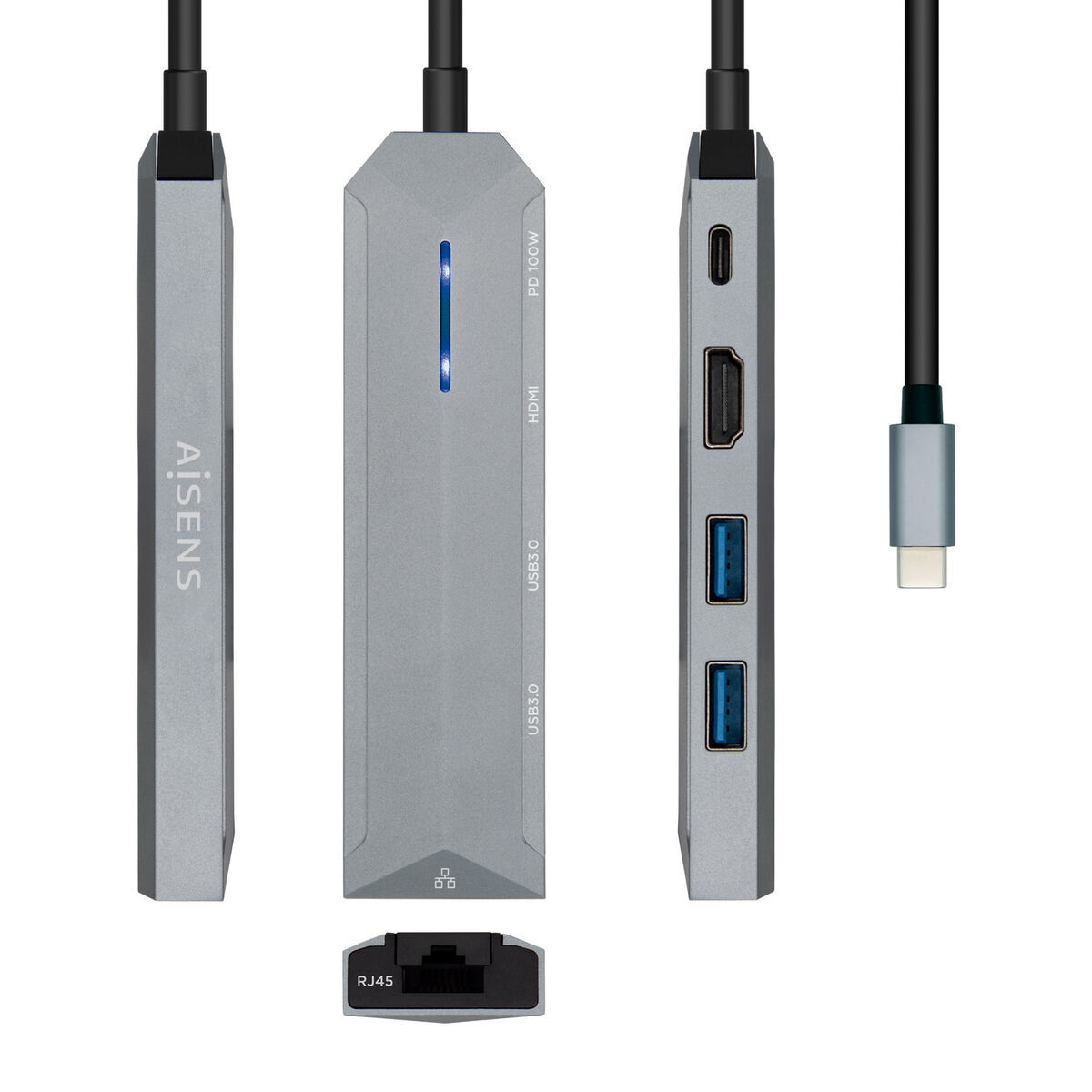 Hub USB-C Aisens ASUC-5P003-GR Negru Gri 100 W