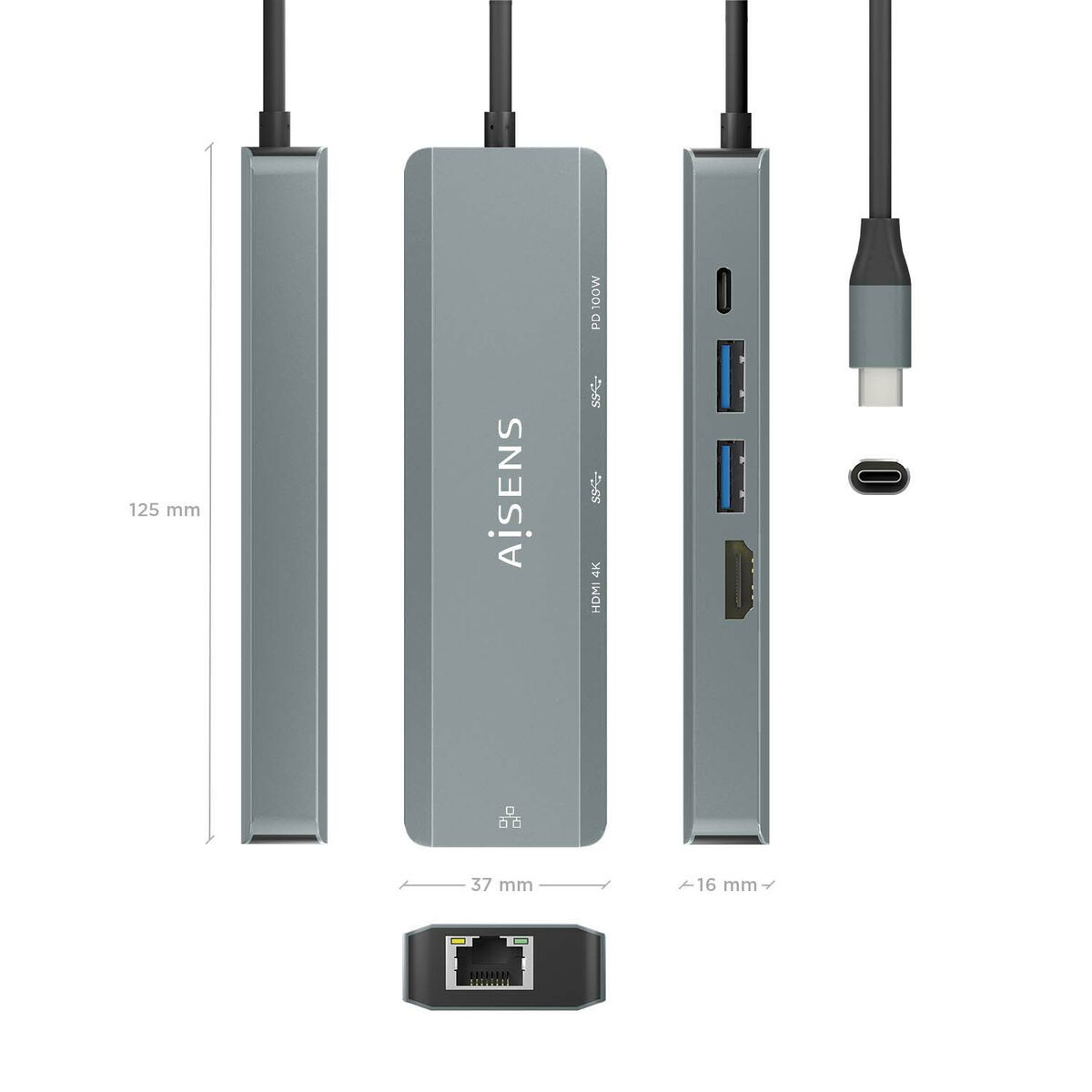 Hub USB Aisens ASUC-5P011-GR Gri Multicolor 100 W