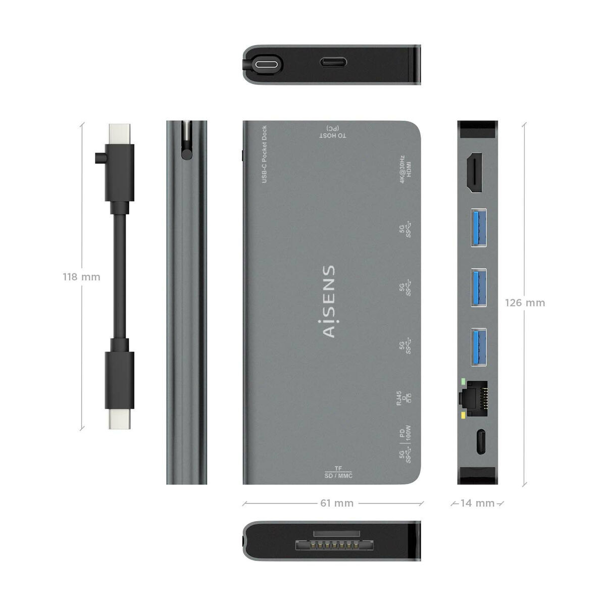 Hub USB Aisens ASUC-8P015-GR Gri Multicolor 100 W